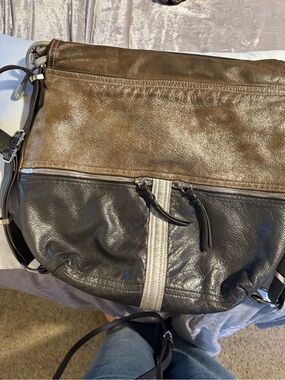 Two-Tone Brown and Black Leather Messenger Bag with Silver Accent